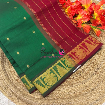 Semi Silk Cotton Saree - Small Zari Butta  - Retta Mayil Border- VVSSC015