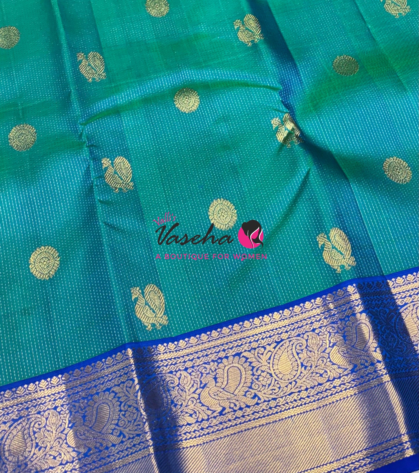 Pure Kanchipuram Silk Saree - Vairavoosi Design  - Dual Tone Blue & Blue Combo - VVPS059