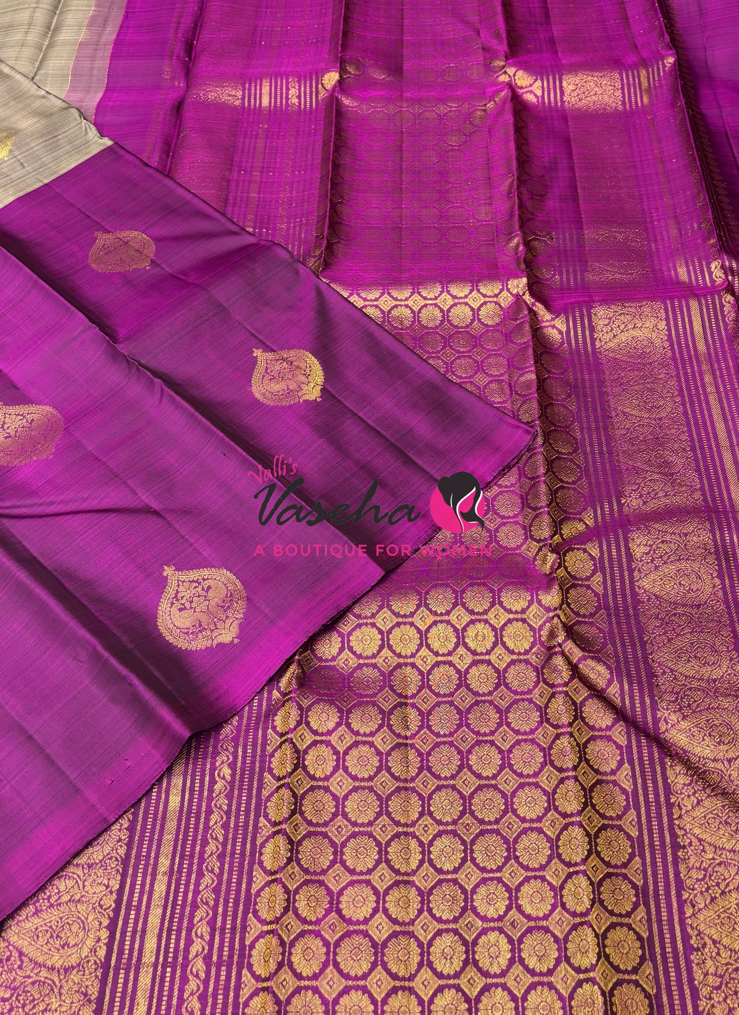 Pure Kanchipuram Silk Saree - Half & Half - Grey With Purplish Pink Shade - VVPS064