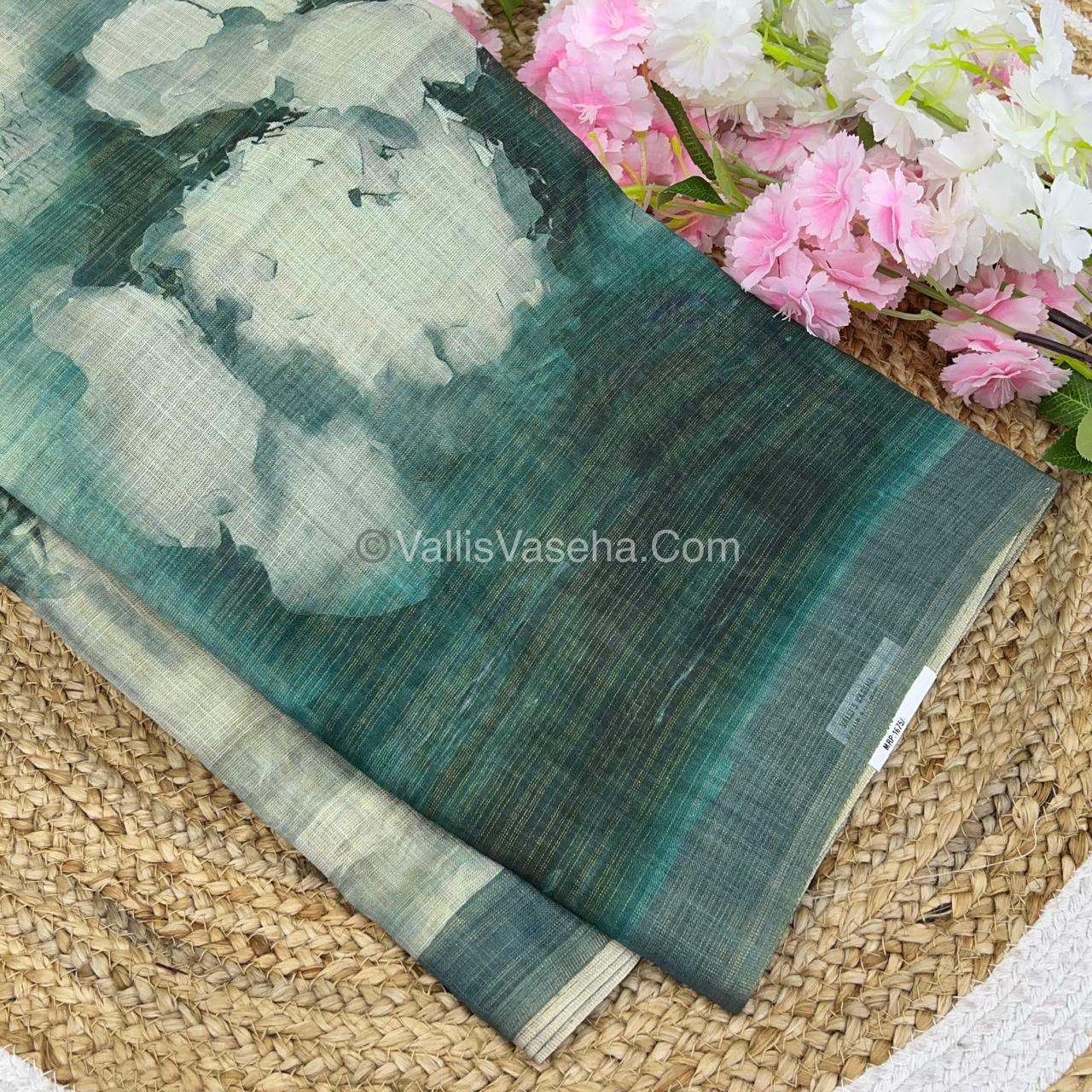 Tissue Linen Saree - Cloud Design - Green Shade - VVTLS002