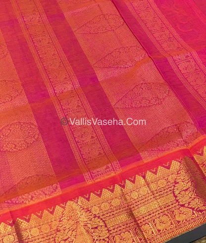 Pure Korvai Silk Cotton Saree - Blue with Peach - VVKSC019