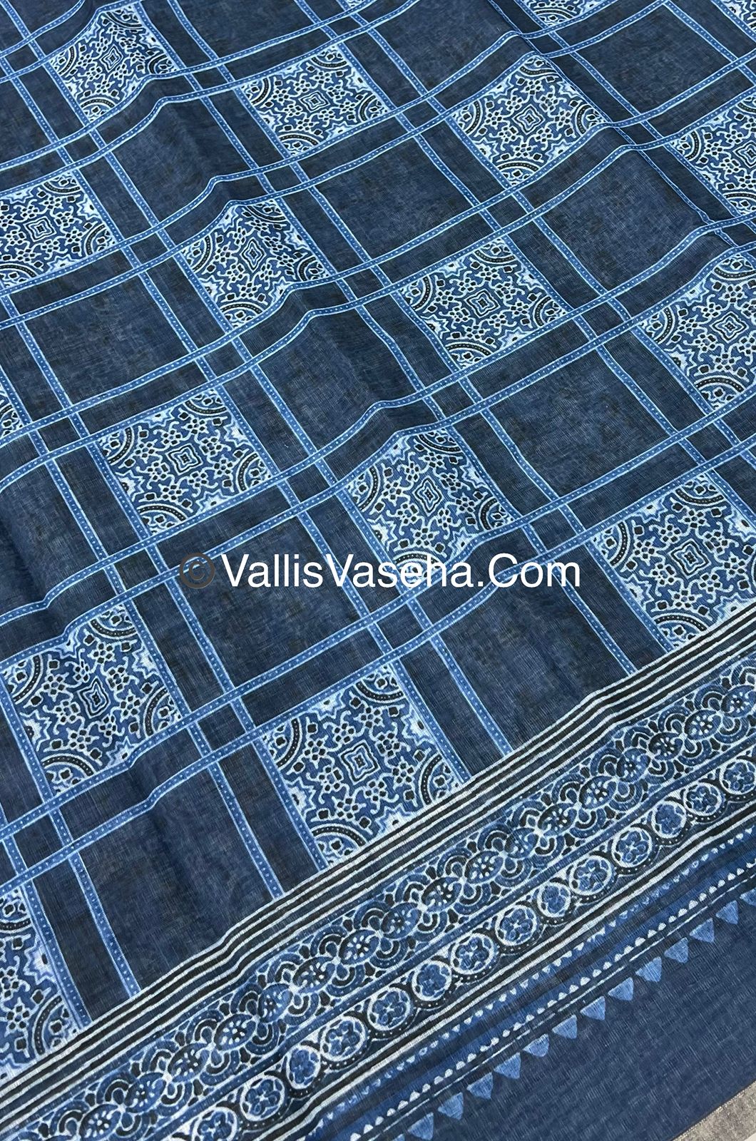 Linen Mixed Cotton Saree - Indigo Blue - Printed - VVLMP001