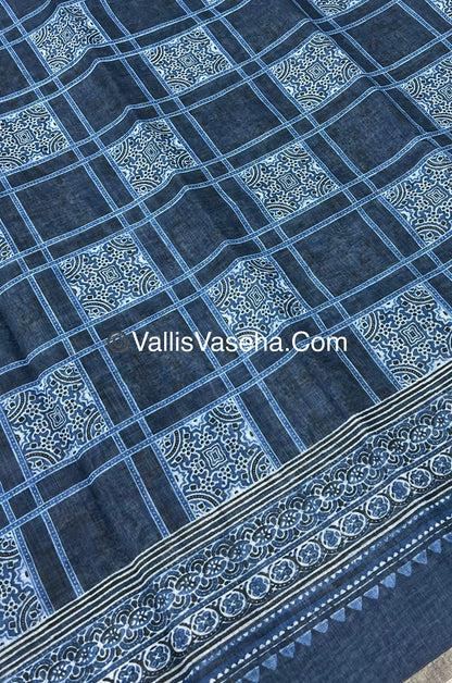 Linen Mixed Cotton Saree - Indigo Blue - Printed - VVLMP001