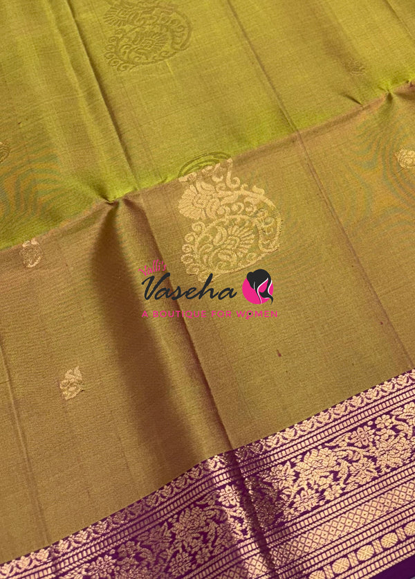 Pure Soft Silk Saree - Kanchi Border - Mustard Yellowish Green &  Purplish Pink  Combo - VVPSS015