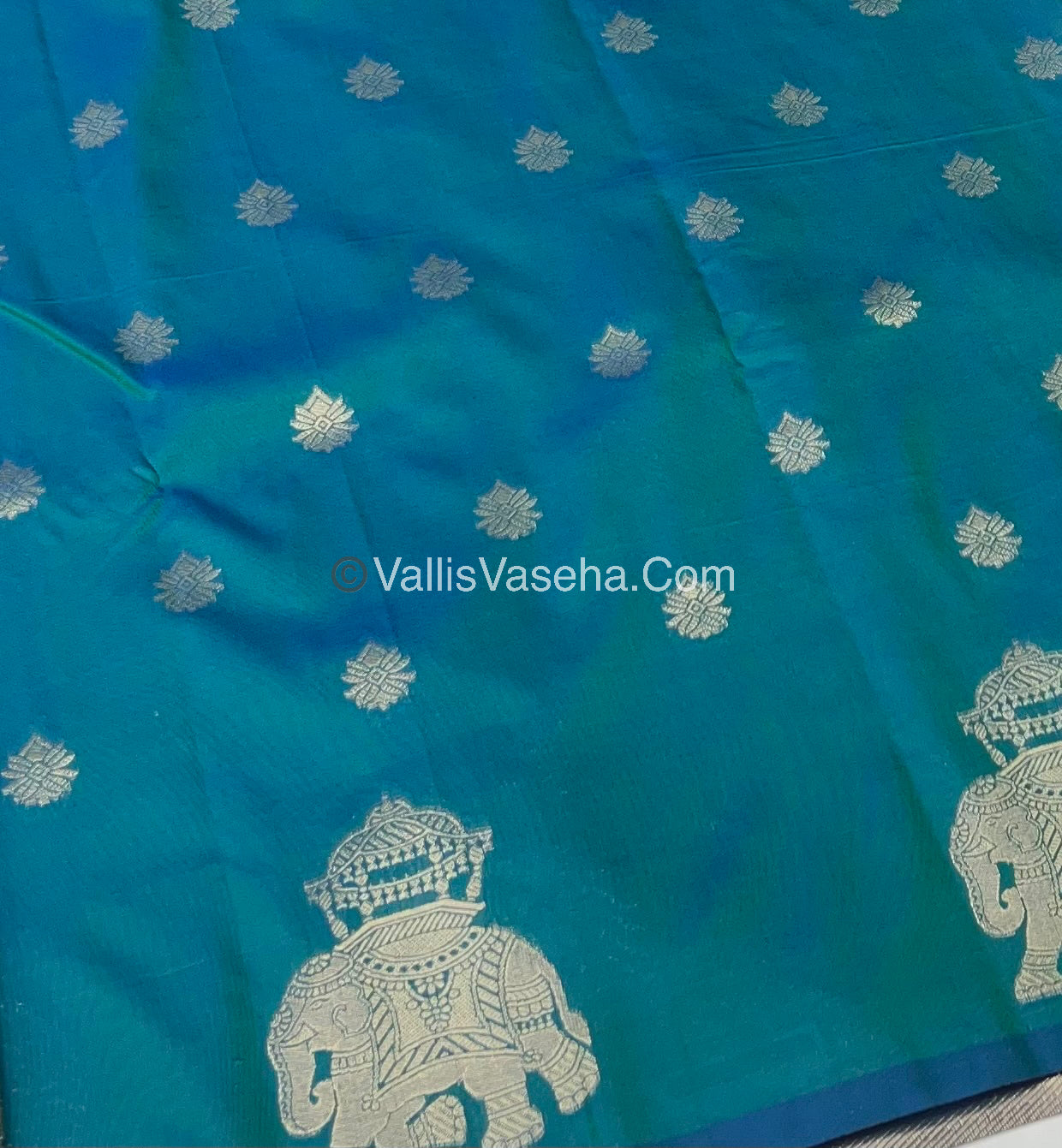 Semi Soft Silk - Elephant Butta Border - Peacock Blue Shade -VVSSS011