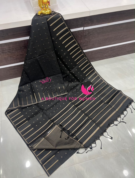 Semi Matka Tussar Silk Saree | Double Blouse | Black Shade |VVSTS052