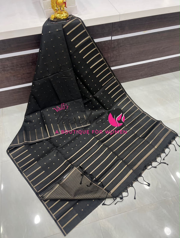 Semi Matka Tussar Silk Saree | Double Blouse | Black Shade |VVSTS052