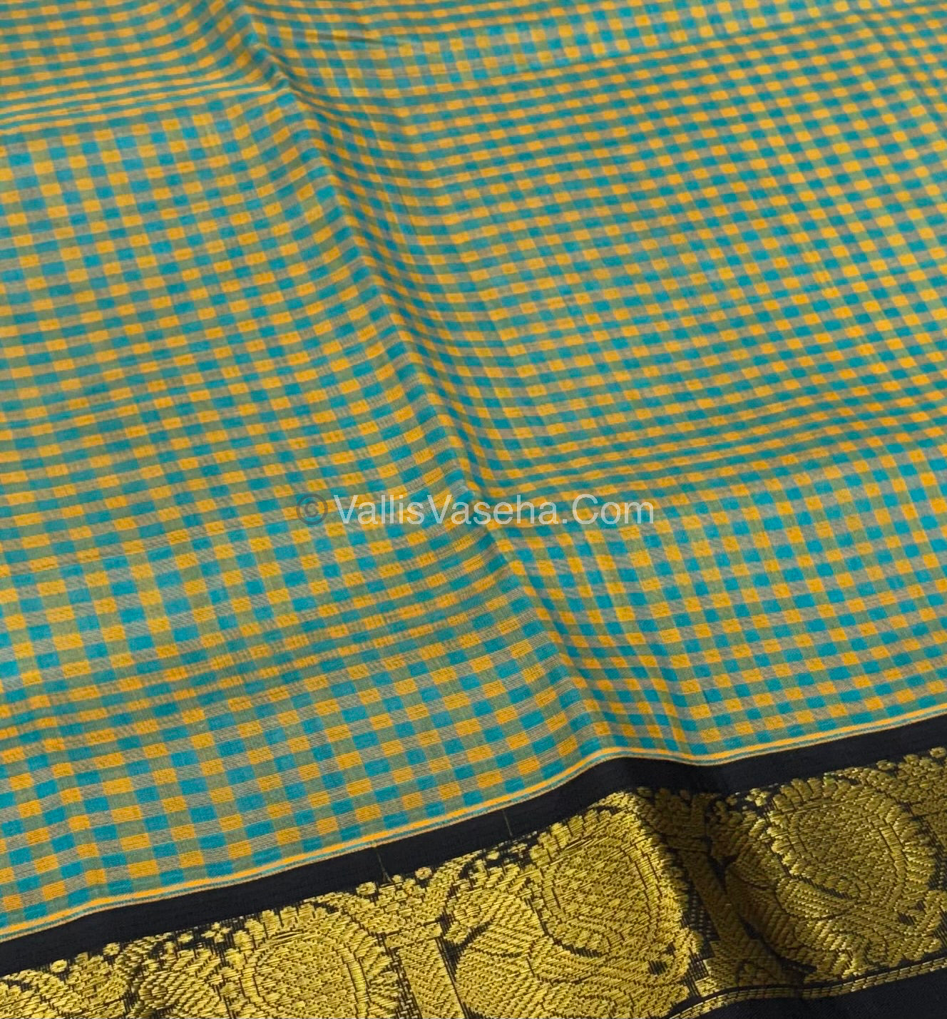 Pure Korvai Silk Cotton - Podi Kattam - Yellow & Blue With Black - VVKSC003