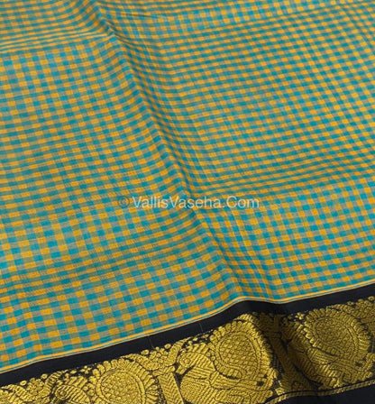 Pure Korvai Silk Cotton - Podi Kattam - Yellow & Blue With Black - VVKSC003