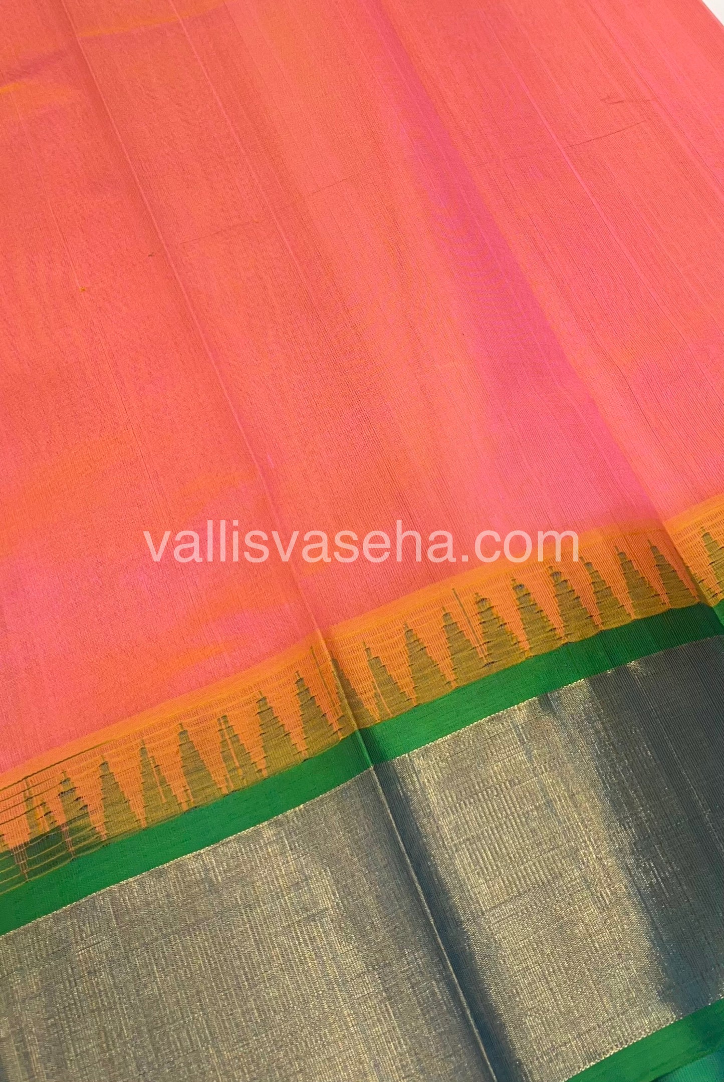 Pure Korvai Silk Cotton Saree - Peach With Turquoise Blue Shade Temple border - VVKSC001