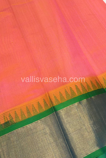 Pure Korvai Silk Cotton Saree - Peach With Turquoise Blue Shade Temple border - VVKSC001
