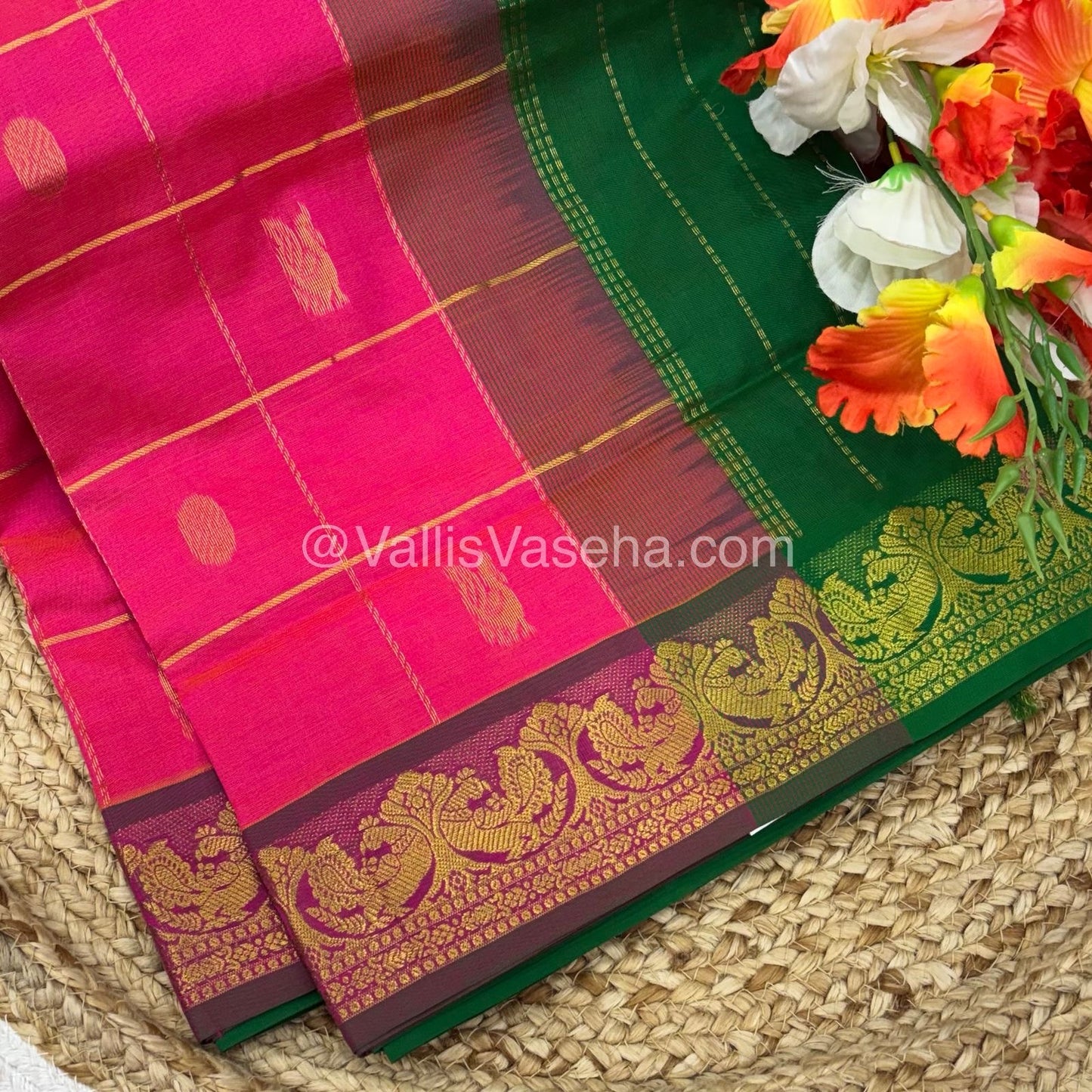 Semi Silk Cotton Saree - Pink with Green shade - VVSSC002