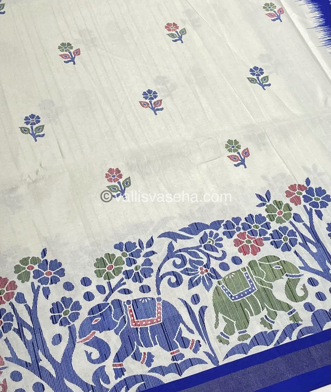Semi Tussar / Semi Chappa Silk | Elephant Design | - Cream & Blue Combo - VVSTS01