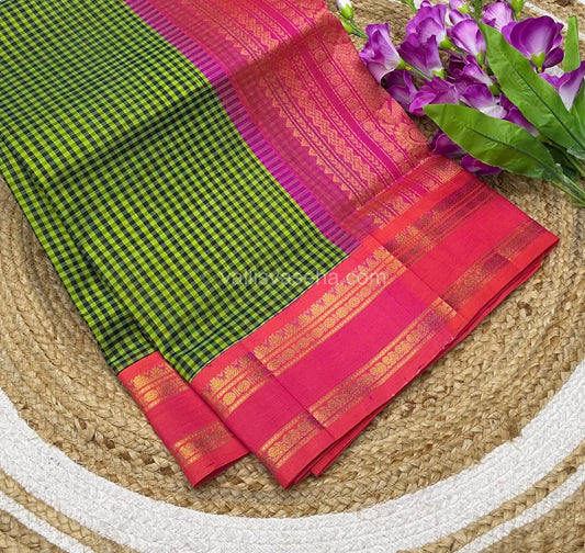 Pure Korvai Silk Cotton - Podi Kattam - Retta Petta Border - Green & Black with Peachish Pink - VVKSC005