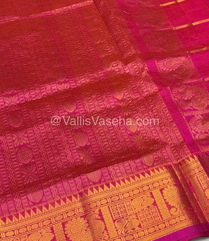 Pure Silk Cotton Saree - Mayil & Chakkaram Design - Blue With Pink Combo -VVMC003