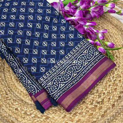 Semi Maheshwari Mixed Cotton Saree - Linen Feel - Indigo Blue & Pink - VVMSC003