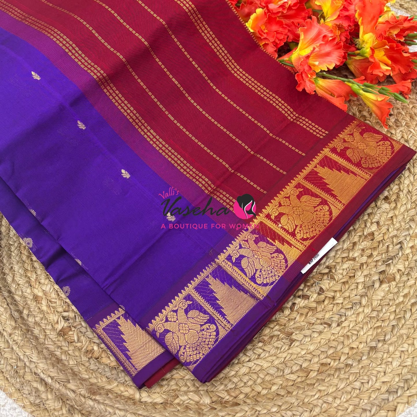 Semi Silk Cotton Saree - Small Zari Butta  - Retta Mayil Border- VVSSC015