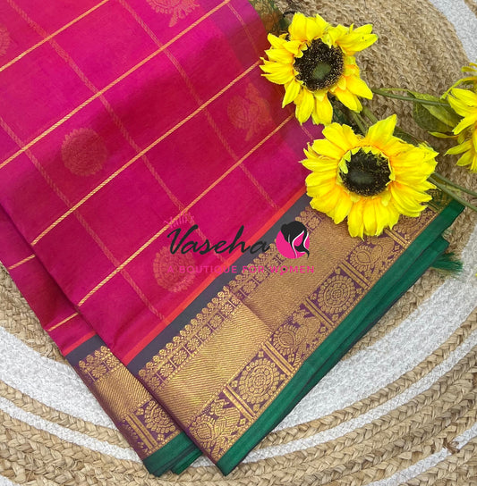Pure Silk Cotton Saree - Mayil & Chakkaram Design - Pink With Green VVMC001
