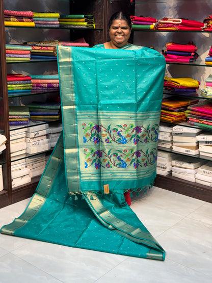 Semi Raw Silk - Paithani Design Weaving - Bluish Green Shade - VVRS005