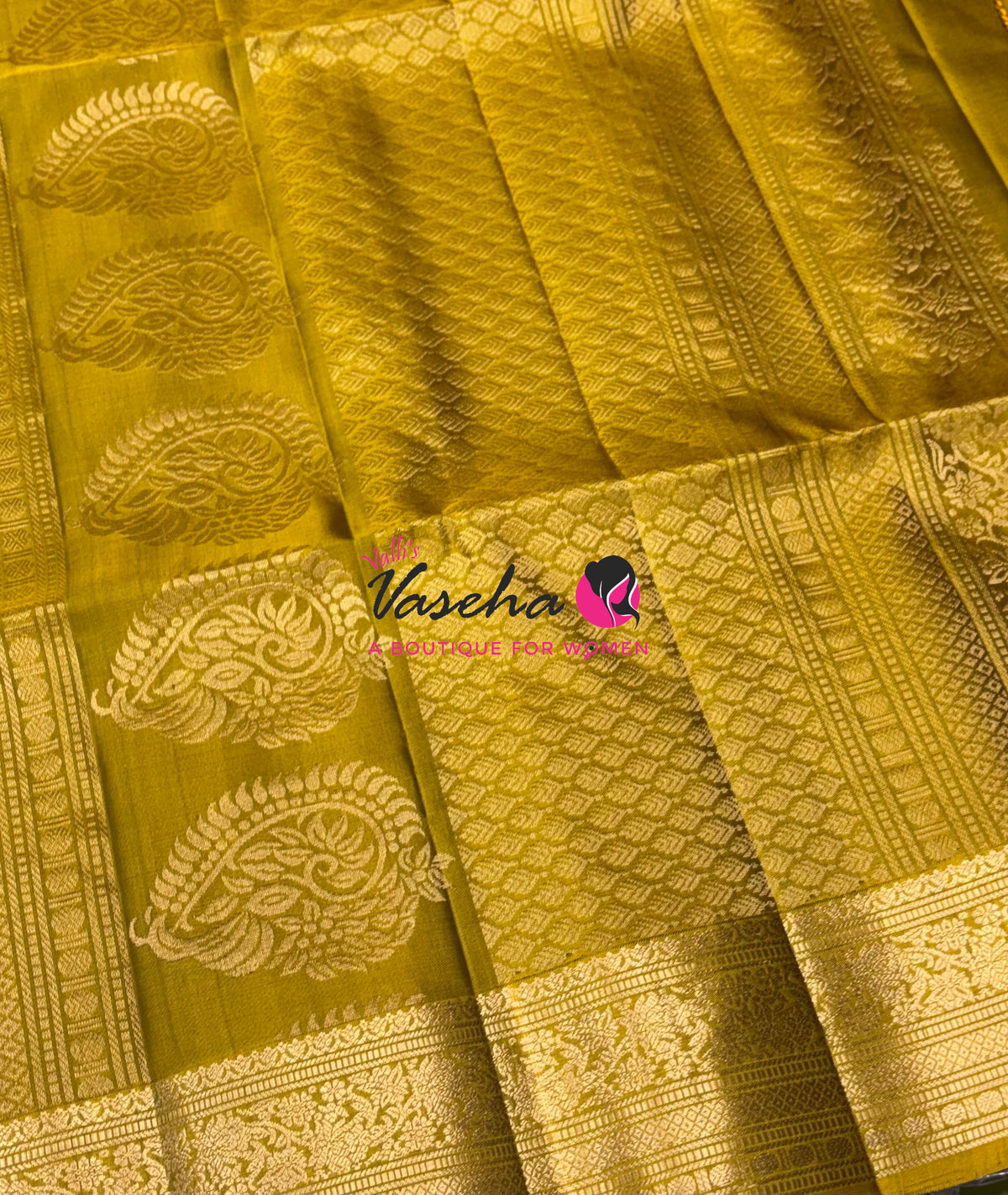 Pure Soft Silk Saree - Grey With Mustard Yellow - Velum & Mayilum - Kanchi Border - VVPSS015