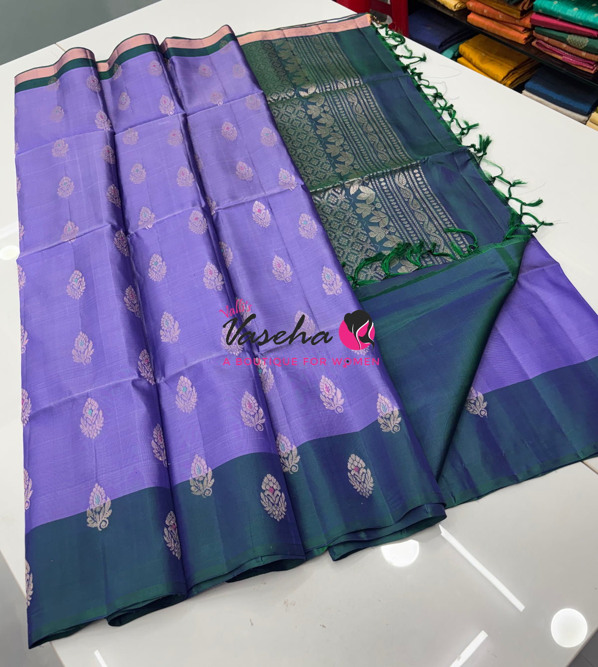 Half Mix - Pure Soft Silk Saree - Meenakari Style Butta - Lavendar With Peacock Blue - VVPSS148