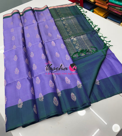 Half Mix - Pure Soft Silk Saree - Meenakari Style Butta - Lavendar With Peacock Blue - VVPSS148