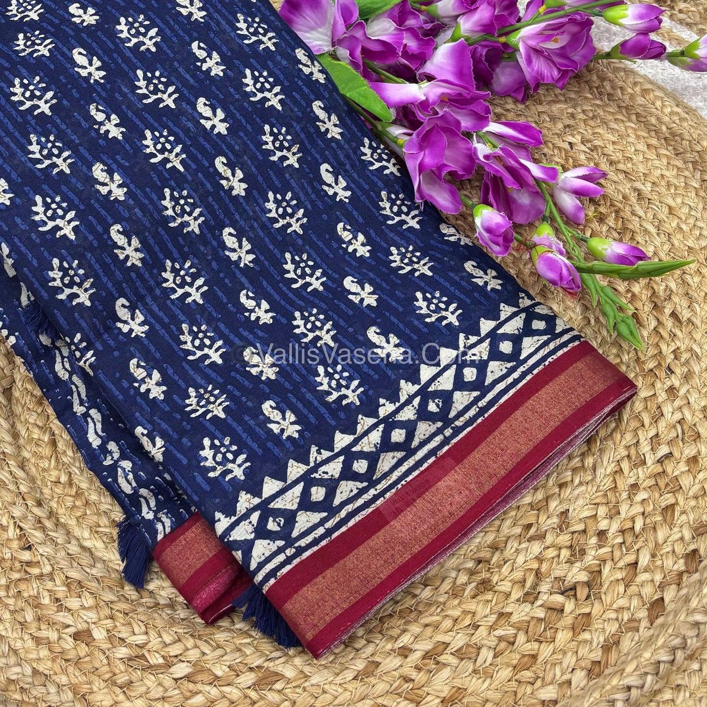 Semi Maheshwari Mixed Cotton Saree - Linen Feel - Indigo Blue & Reddish Merun - VVMSC003