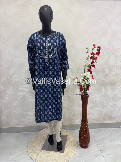 Salwar & Kameez(2pc) Set - Indigo Blue kurti & Khadi Cotton Bottom with Applique work - VVCS002