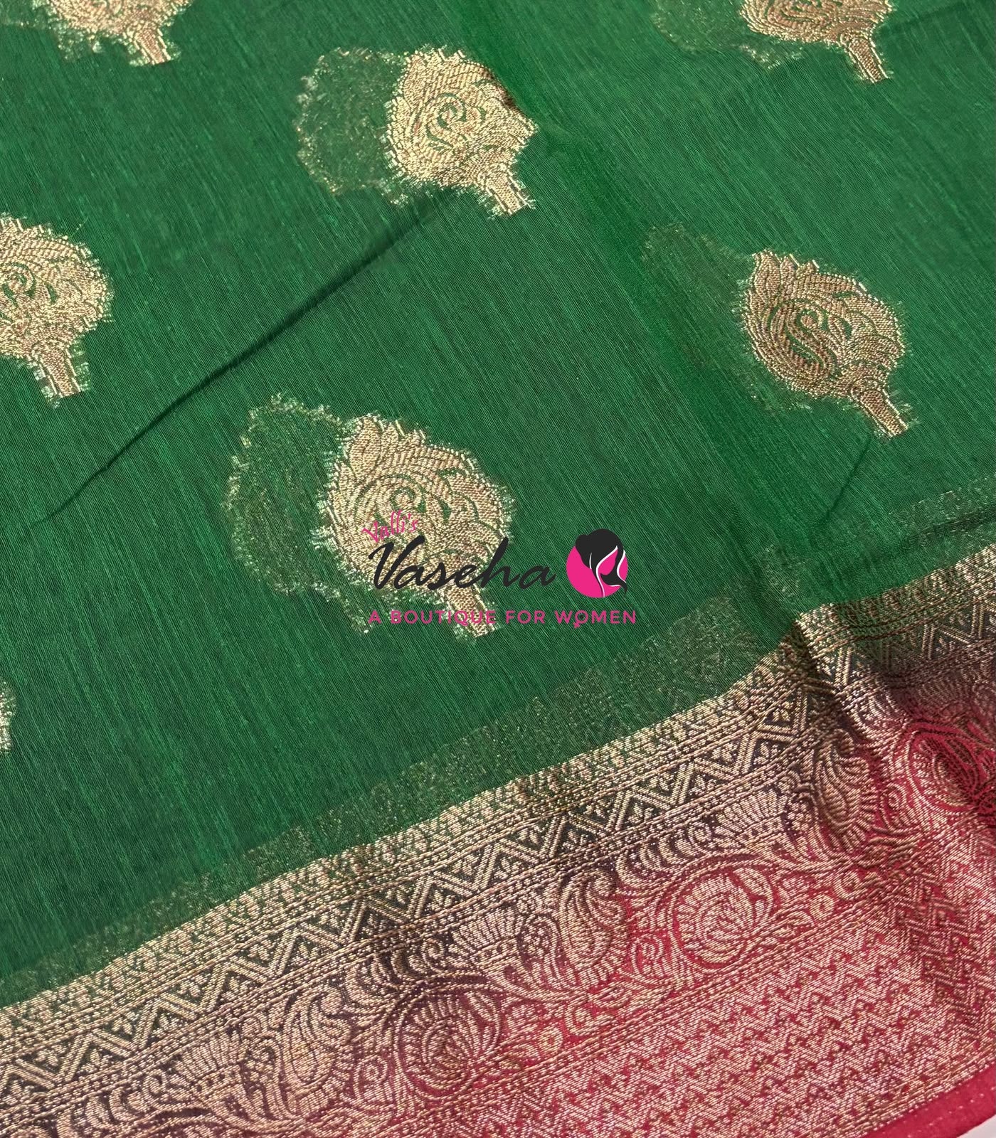 Bamboo Silk Saree - Green With Red - VVBSS019