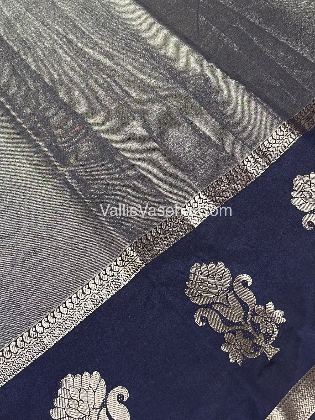 Semi Tissue Tussar Silk - Navy Blue Shade - VVSTS043