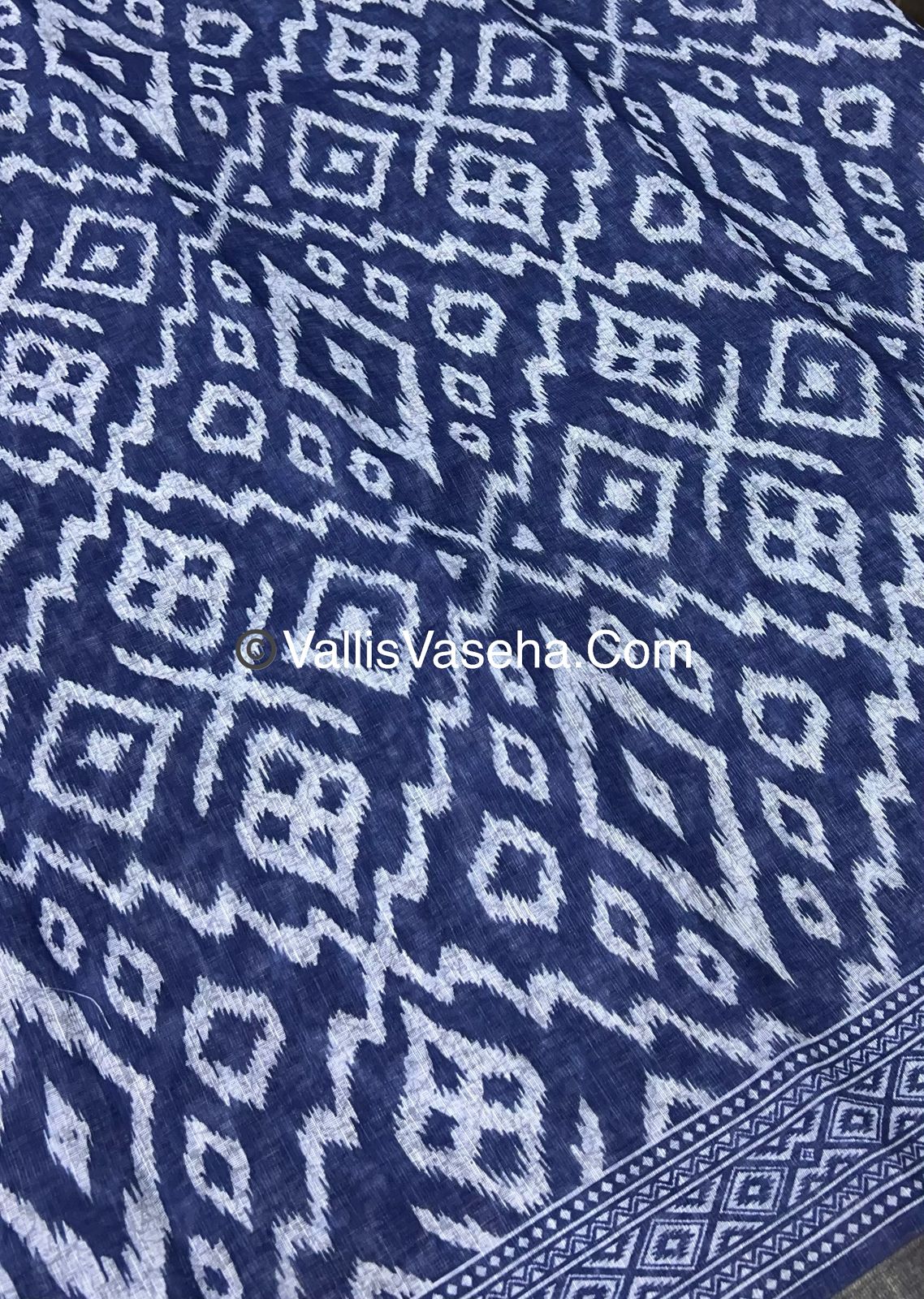 Linen Mixed Cotton Saree - Indigo Blue - Printed - VVLMP001