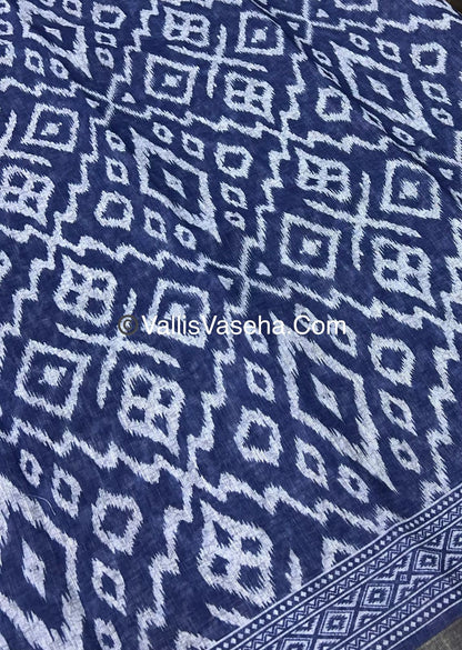 Linen Mixed Cotton Saree - Indigo Blue - Printed - VVLMP001
