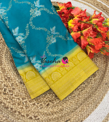 Banarasi Georgette Saree - Blue With Lemon Yellow Combo - VVBGS002