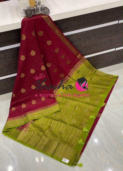 Semi Jute Silk Saree - Pink With Green Shade- VVSJS002