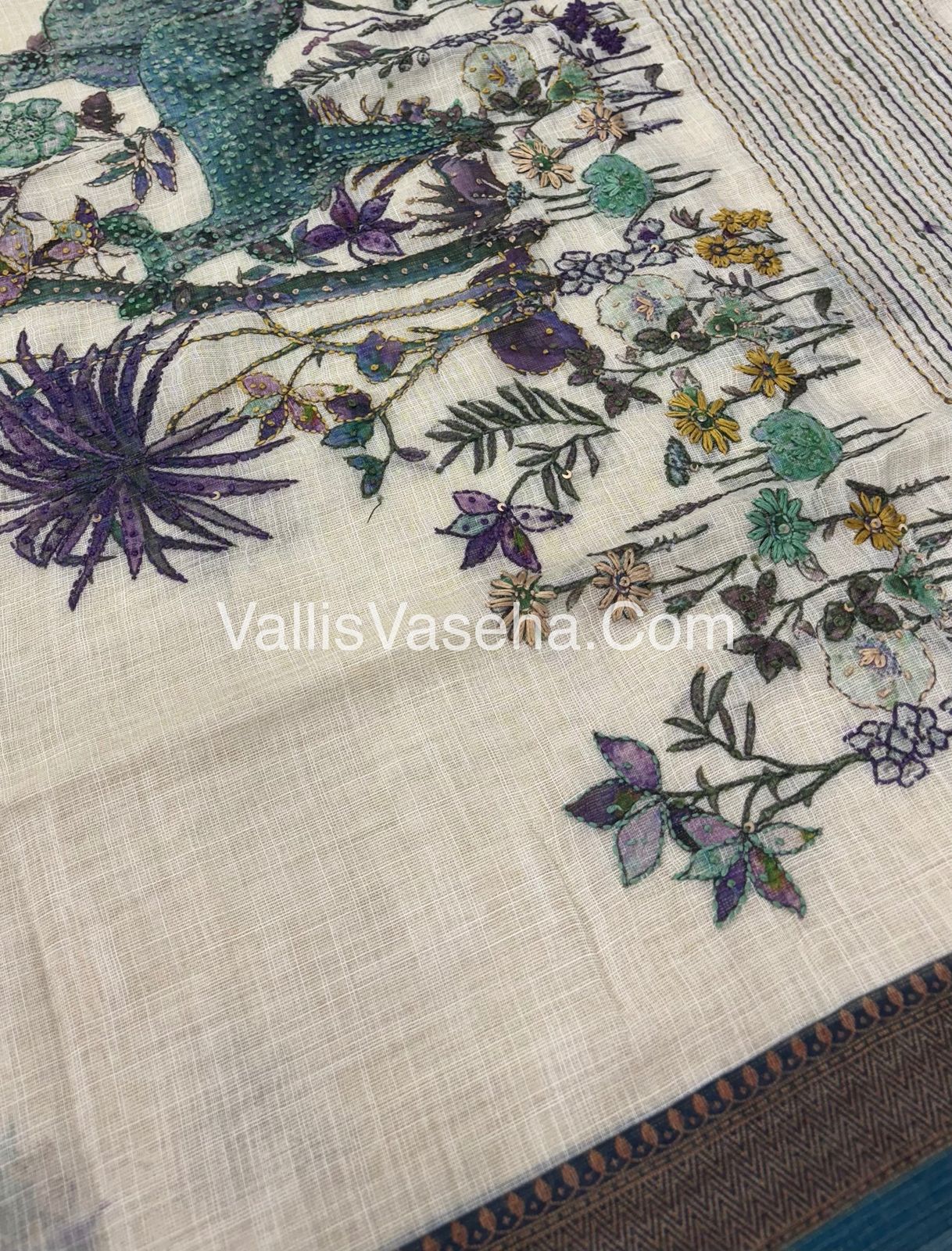 French Knot - Tissue Saree - Cream With Peacock Blue Shade - VVLFN005