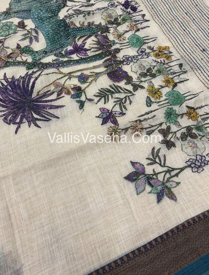 French Knot - Tissue Saree - Cream With Peacock Blue Shade - VVLFN005