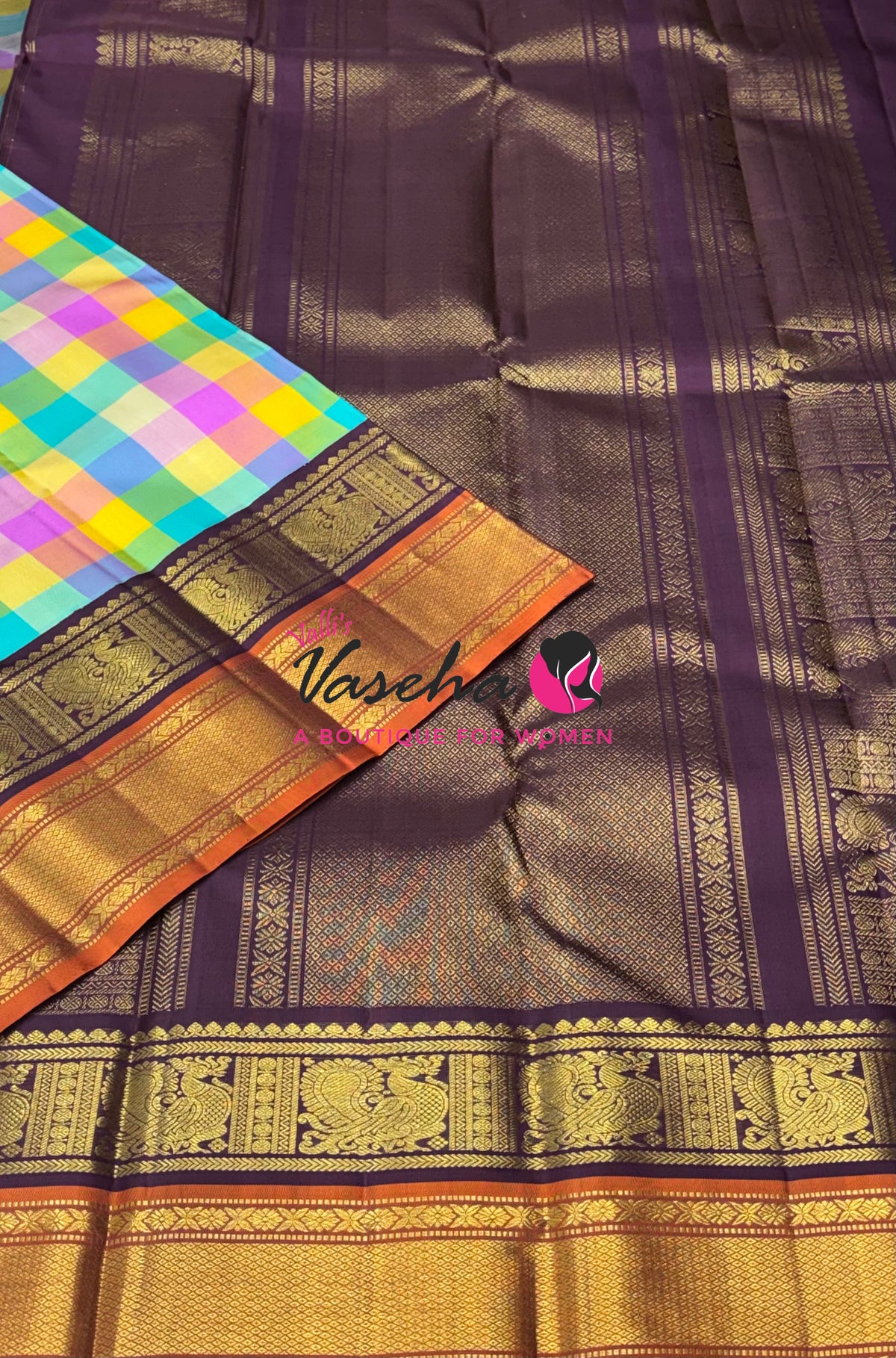 Pure Vintage Korvai Kanchipuram Silk Saree - Pazhum Pazhamum Checks - VVPS061