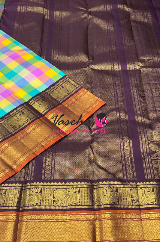 Pure Vintage Korvai Kanchipuram Silk Saree - Pazhum Pazhamum Checks - VVPS061