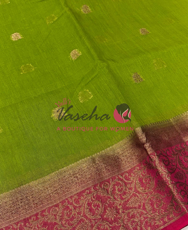 Bamboo Silk Saree- Green with Pink Shade - VVBSS015