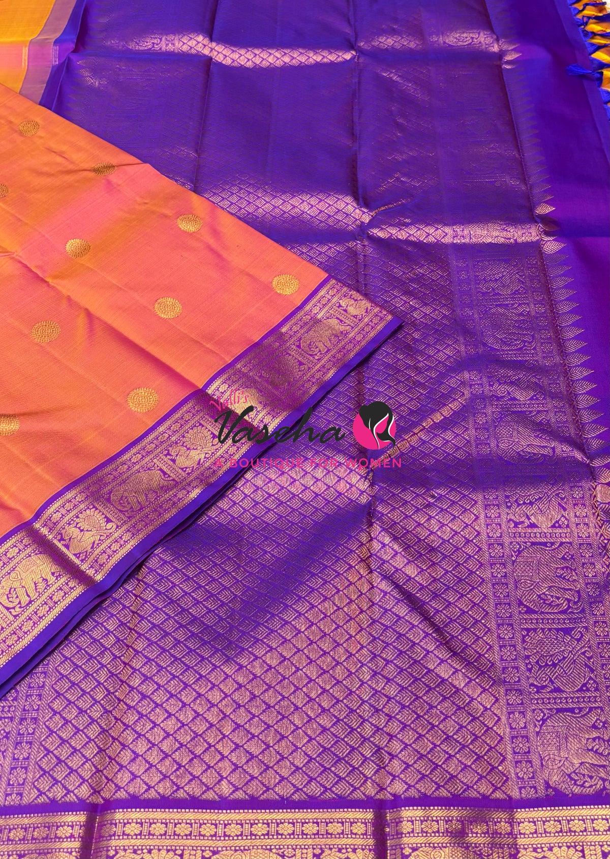 Pure Kanchipuram Silk Saree - Peach & Purple Combo - VVPS025