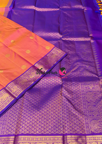 Pure Kanchipuram Silk Saree - Peach & Purple Combo - VVPS025