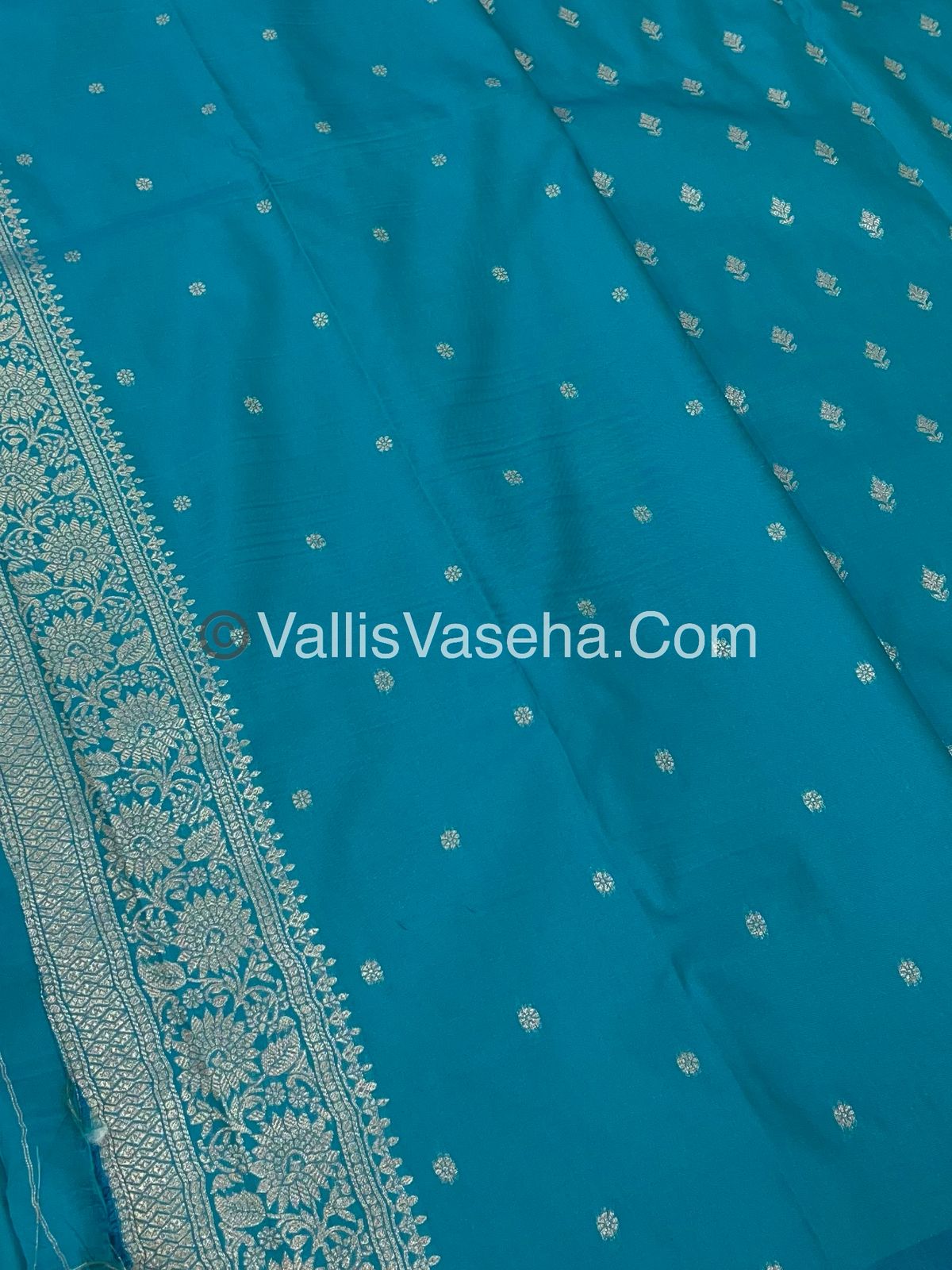 Semi Soft Silk - Peacock & Mango Butta Border - Turquoise blue Shade -VVSSS015
