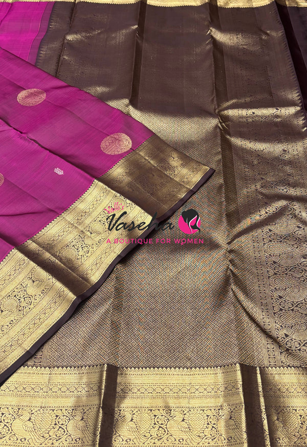Pure Kanchipuram Silk Saree - Purplish Pink With Brown - VVPS094