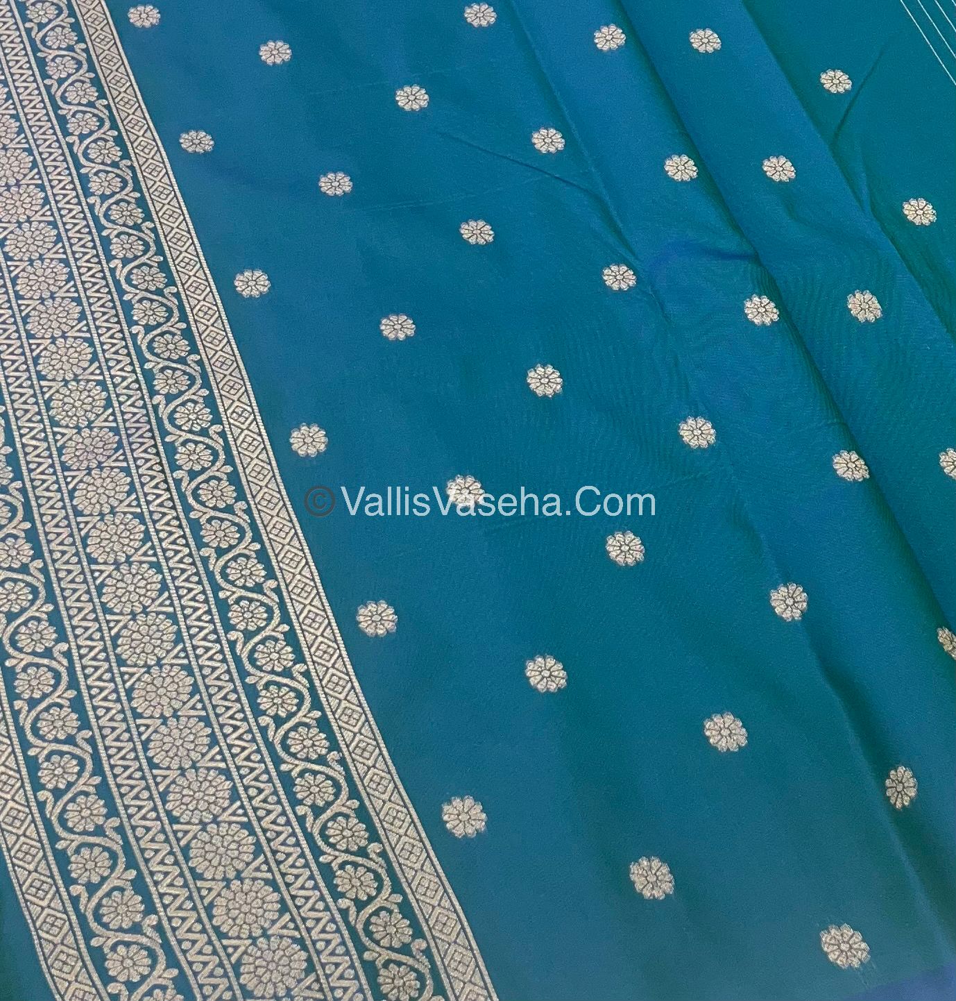 Semi Soft Silk - Flower  Butta Border - Peacock Blue Shade -VVSSS016