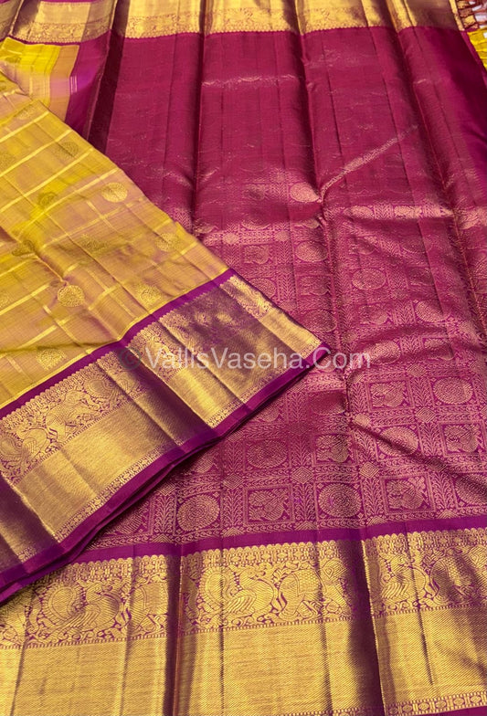 Pure Kanchipuram Silk Saree - Dual Tone Gold & Pink Combo - VVPS025