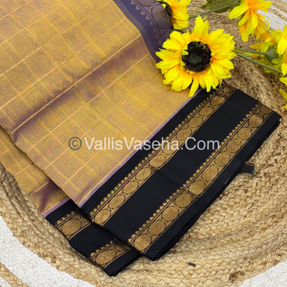 Pure Korvai Silk Cotton With Retta Petta Border - Checks pattern - Dual Tone Gold & Black - VVKSC013