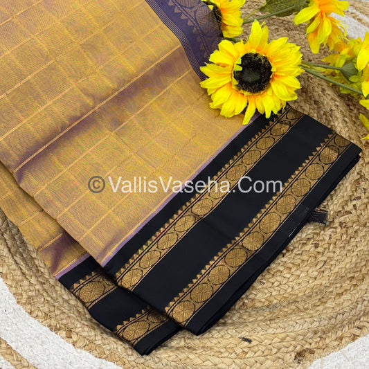 Pure Korvai Silk Cotton With Retta Petta Border - Checks pattern - Dual Tone Gold & Black - VVKSC013