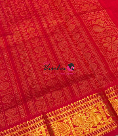 Pure Silk Cotton Saree - Blue With Red - Lakshadeepam Design - VVPLD001