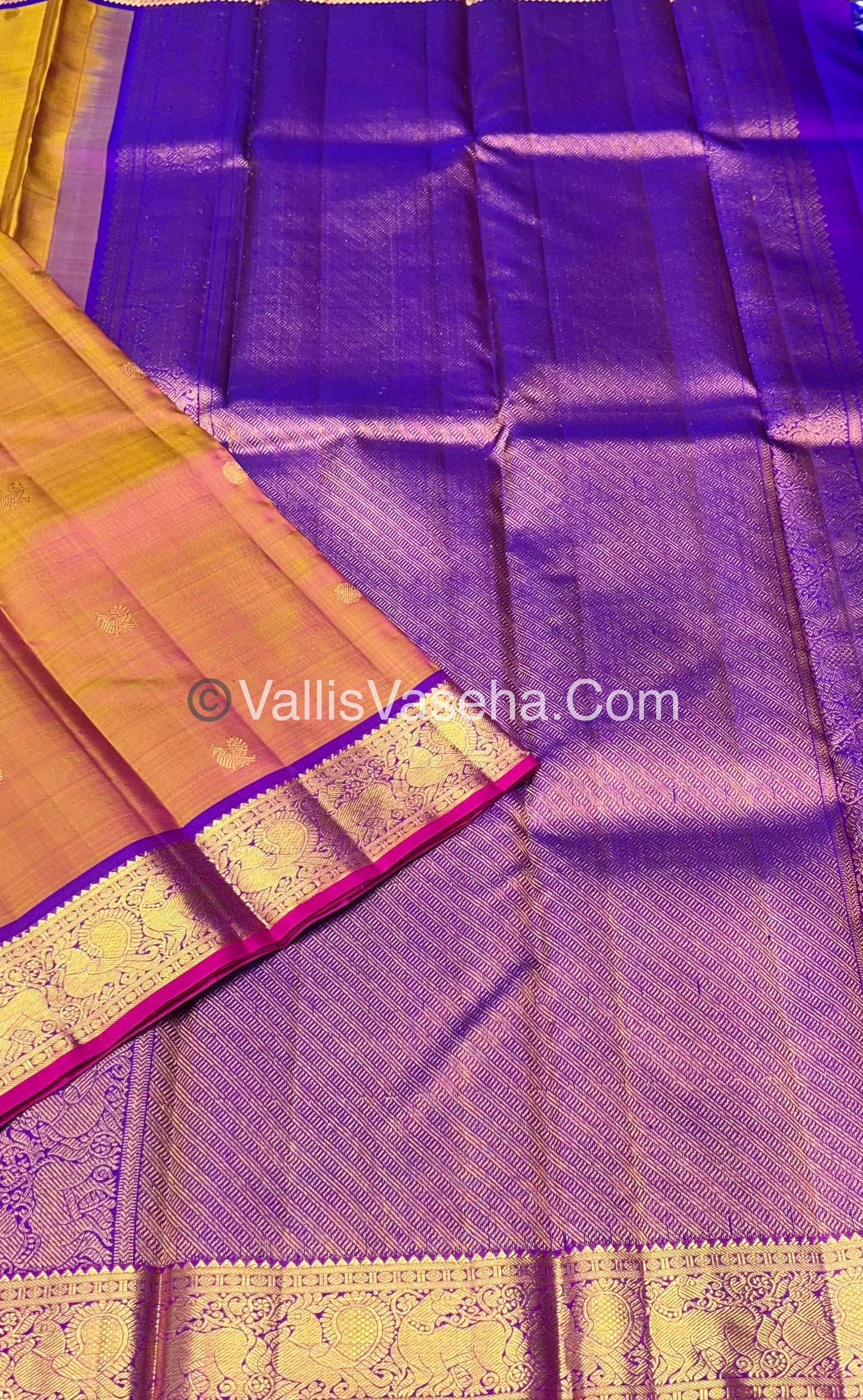Pure Kanchipuram Silk Saree - Peach Gold & Purple/Pink Combo - VVPS014