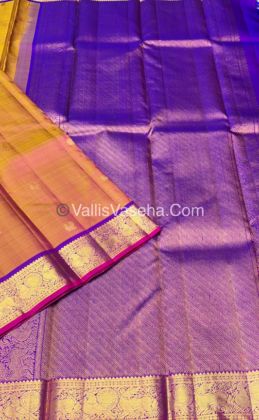 Pure Kanchipuram Silk Saree - Peach Gold & Purple/Pink Combo - VVPS014